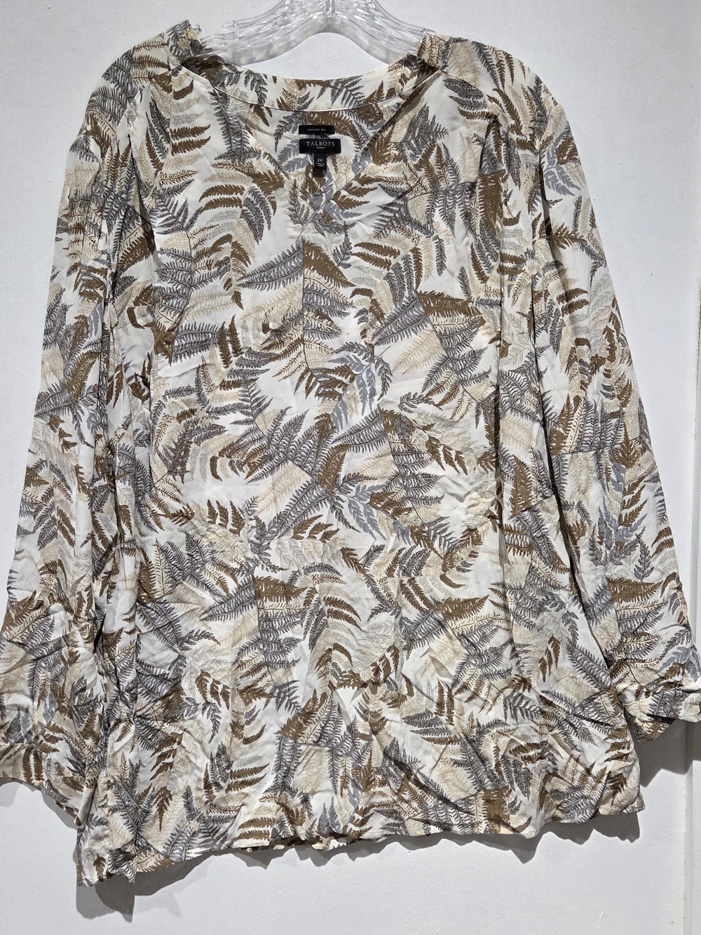 Talbots Cream, Tan and Gray Fern-Print Blouse
